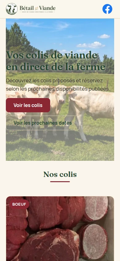 Accueil de Bétail et Viande sur un écran mobile de 390 pixels.